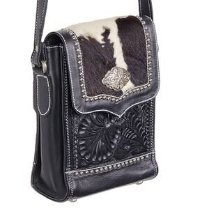 American West Pony Hair Tooled Leather Grab and Go Crossbody Bag Black Concho